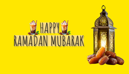 ramadan lantern with yellow background with text happy ramadan mubarak