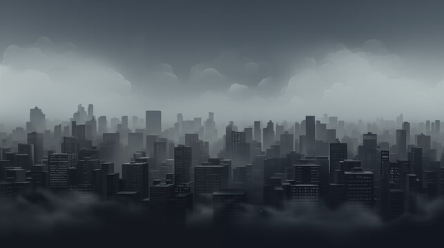 Fototapeta Gloomy dark background of the night city, cloudy  urban scene in black and white tones. Rain and fog, heavy clouds. Minimalistic city skyline silhouette.