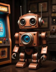 A charming vintage robot stands among classic arcade games, its screen-face glowing with curiosity. It's a nostalgic trip to the golden era of gaming.