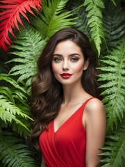 Happy beautiful woman on red dress on a fern leaves and jungle leaves texture background from Generative AI