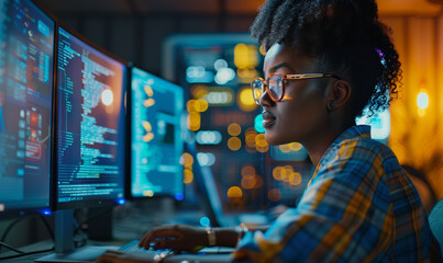 Side profile of black female IT developer working on computer in dark office, created with Generative AI. African american cyber security analyst detecting artificial intelligence threats - obrazy, fototapety, plakaty