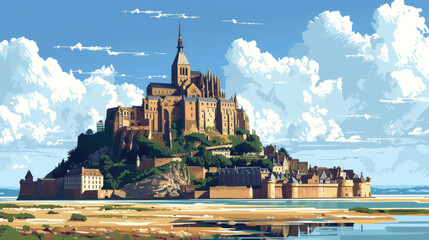 Illustrating the Charm of Mont Saint-Michel: A Visual Journey Through French Architectural Splendor and Coastal Beauty. - obrazy, fototapety, plakaty
