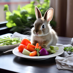 A cute baby rabbit sitting at a miniature table, looking at vegetables from a small plate, mimicking a human mealtime. Generative AI.