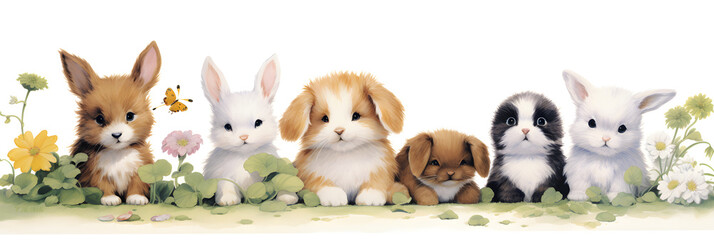 A Collection of Endearing Animals: Fluffy Bunny, Happy Puppy, and Curious Kitten in their Natural Habitats