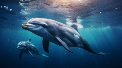 Dolphins swimming in the ocean, sunlight streaming through the water. - 744869709