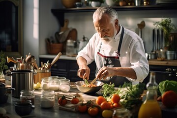 Fototapeta na wymiar handsome old man chef gray hair cooking at the kitchen vegetables dinner restaurant tomatoes salad fresh mixing oil sun light white clothes
