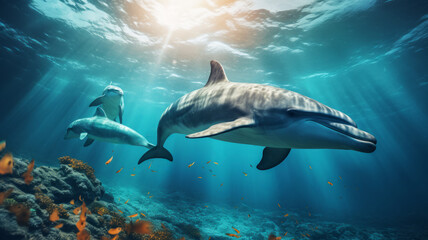 Dolphins swimming in the ocean, sunlight streaming through the water. - 744869789