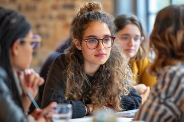 Girl with glasses and long hair sitting at a table in a classroom discussing class assignments - obrazy, fototapety, plakaty