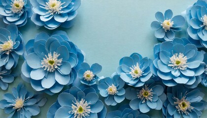 Background of blue paper flowers with empty space for text
