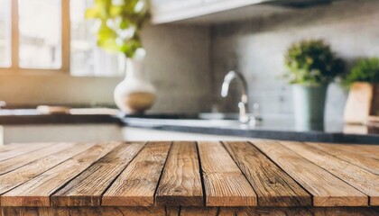 Blurred kitchen countertop with a wooden table as the focal point