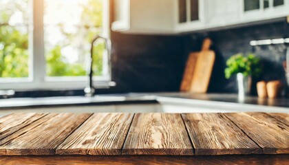 A wooden table set against a kitchen bench with a soft blur