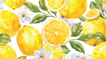 Lemon seamless border fruit illustration, cute citrus watercolor digital file on a white background close up