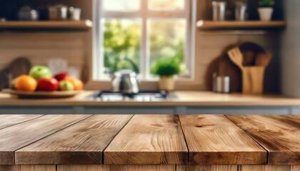 An empty wooden table with a kitchen bench out of focus behind it