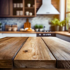 A wooden table set against a blurry kitchen counter