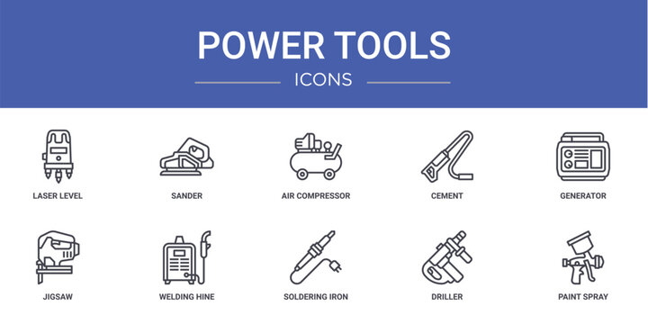 set of 10 outline web power tools icons such as laser level, sander, air compressor, cement, generator, jigsaw, welding hine vector icons for report, presentation, diagram, web design, mobile app