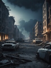 A destroyed apocalyptic city post apocalypse after a world war at night from Generative AI - obrazy, fototapety, plakaty
