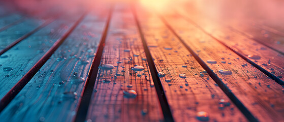 Water Droplets on Wood Decking with Great Lighting - obrazy, fototapety, plakaty