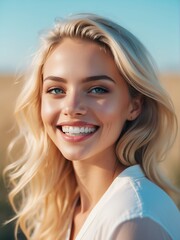Young blonde woman with a radiant smile showcasing healthy, flawless teeth, symbolizing dental wellness from Generative AI