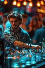 A man is standing at a bar surrounded by numerous glasses.