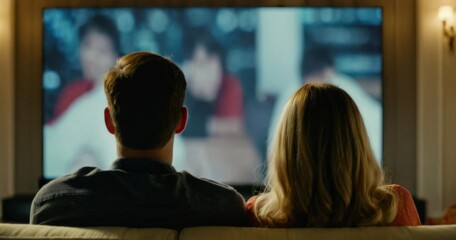 Couple watching a movie together at home. Back view.