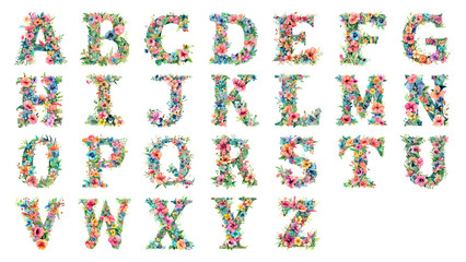 Floral English Alphabet | Botanical Alphabet | Watercolor Flower Alphabet | Decorative Letters | Floral Clipart | PNG with Transparent Background | AI-Generated