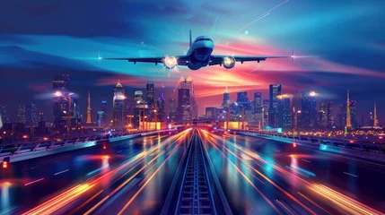 Rolgordijnen A vector design art depicting an urban scene with an automobile highway, infrastructure, and transportation panorama. The illustration includes an airplane flying, a train in motion, a night cityscape © Orxan