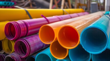 A background featuring colorful large plastic pipes commonly utilized at construction sites - obrazy, fototapety, plakaty