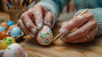 Fototapeta na wymiar hands painting easter eggs at home, easter home made painted eggs