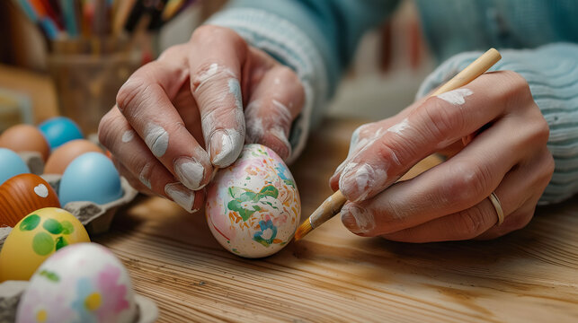 hands painting easter eggs at home, easter home made painted eggs