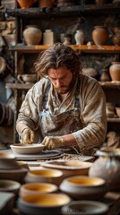 A man skillfully crafting pottery on a wheel inside a bustling pottery shop.