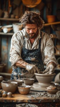 A man skillfully shaping a bowl out of clay on a pottery wheel.