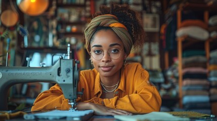 A woman is sitting at a table with a sewing machine in front of her, engaged in sewing fabric.