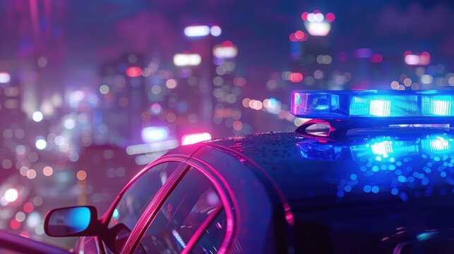 A blue light flasher atop a police car, set against a background of city lights.