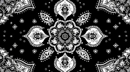A traditional bandana print ornament featuring black and white paisley designs