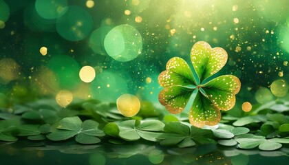 St. Patrick's Day with green four and clover on green background, with gold splashes for party invitation design