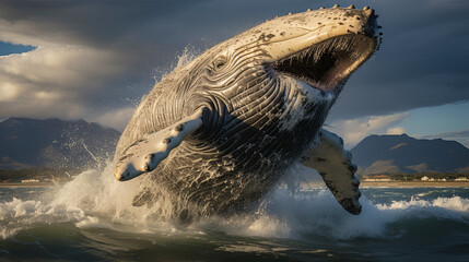 A majestic whale breaching the surface of the ocean, water cascading around it against a backdro - obrazy, fototapety, plakaty
