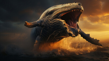 A majestic whale breaching the surface of the ocean, water cascading around it against a backd