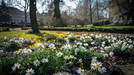 Blooming white and yellow flowers in the Buerger Park in Braunschweig, Germany announcing the beginning of the spring., generative ai, generative, ai