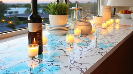 A Picturesque Evening City View Serves as a Beautiful Background to the Stylish Marble Pattern on