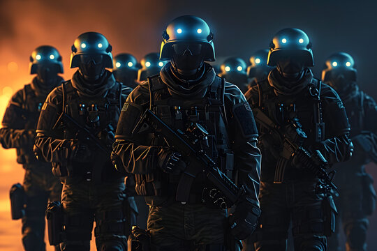 SWAT Team - fictional non-descript nor city-specific SWAT team in full riot gear preparing to take on a night-time riot. 3D render generated by AI