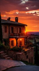 Fototapeta premium A Roman countryside dotted with rustic villas and farmsteads, where peasants toil under the watc