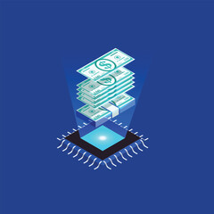 Isometric networking chip, technology chip, microchip, isometric money, isometric server, 
