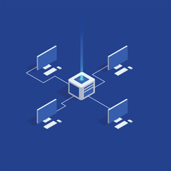 Server connecting 4 different computers, network connection concept, networking, network illustration, social networking, server connection, isometric server connection, isometric illustration,