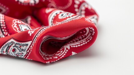 A red bandana with a paisley pattern on a white background