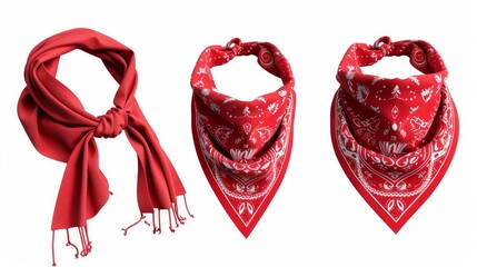 Realistic 3D illustrations of red bandanas, common accessories for bikers and cowboys, isolated on white. They depict fashionable silk headbands, neckerchiefs, and forehead bands, suitable for unisex - obrazy, fototapety, plakaty