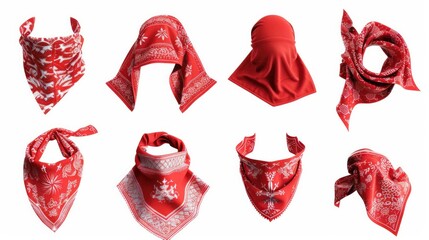 Realistic 3D illustrations of red bandanas, common accessories for bikers and cowboys, isolated on white. They depict fashionable silk headbands, neckerchiefs, and forehead bands, suitable for unisex - obrazy, fototapety, plakaty