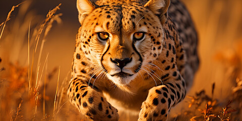 A sleek cheetah, muscles taut, captured midstride against a blurred savannah backdrop, embodyin