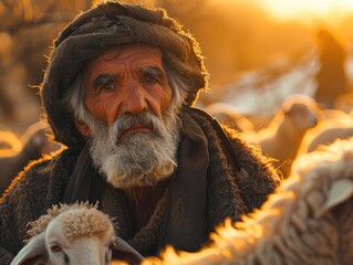 A man is standing while holding onto a goat in his hands.