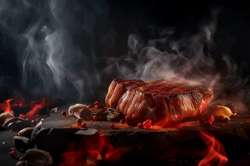 Foto op Canvas Sizzling steak cooked over charcoal and open fire © BS.Production