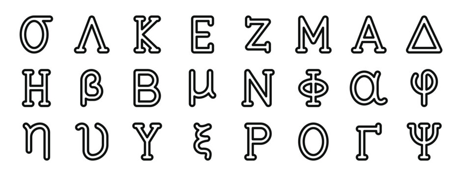 set of 24 outline web greek alphabet icons such as sigma, lambda, kappa, epsilon, zeta, mu, alpha vector icons for report, presentation, diagram, web design, mobile app